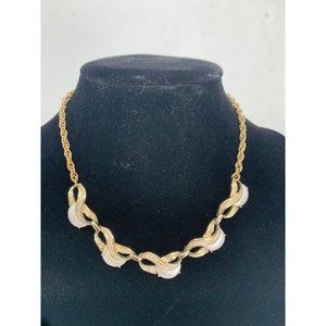 16" Choker Vintage Necklace White Irridascent Stone on gold tone metal rope chai